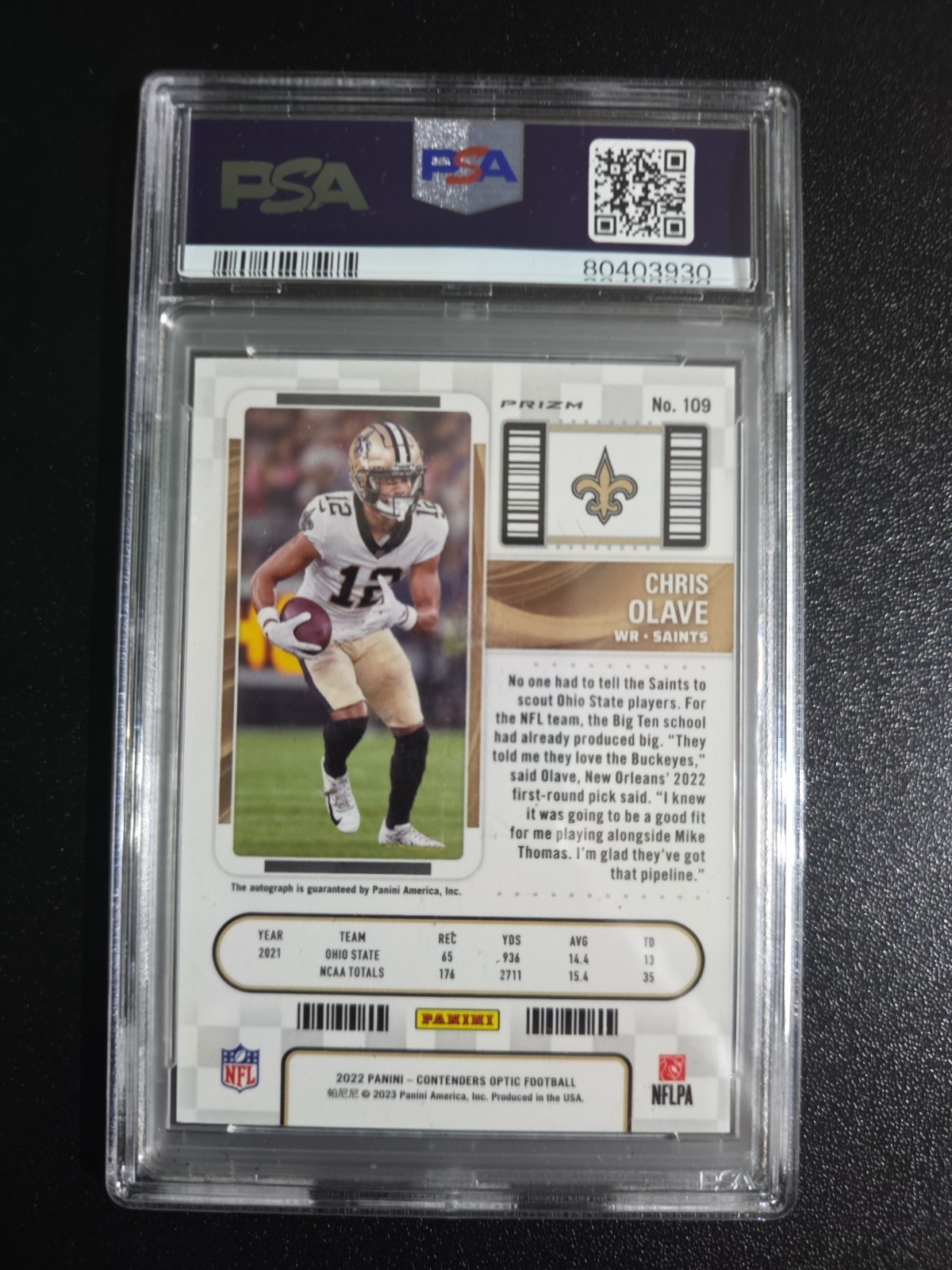 2022 Panini Contenders Optic - Autograph Silver Chris Olave #109 PSA 10 Auto 10 view 2