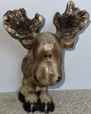 Whimsical Heavy Carved Wood Gain Like Finish Decorative Moose w/Butterfly Antler