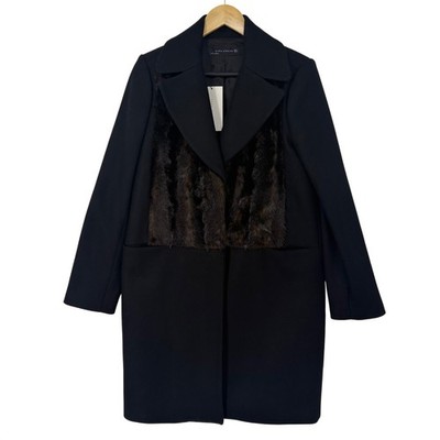 Zara Woman Black Wool Blend Faux Fur Panel Coat Size Small Modern Luxury Capsule