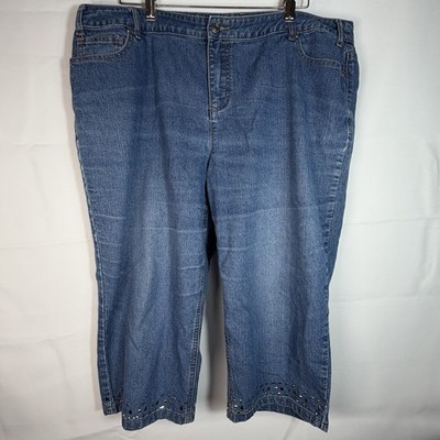CJ Banks Embellished Denim Capris 20W Plus Size Blue Jeans Studded Bling Hem