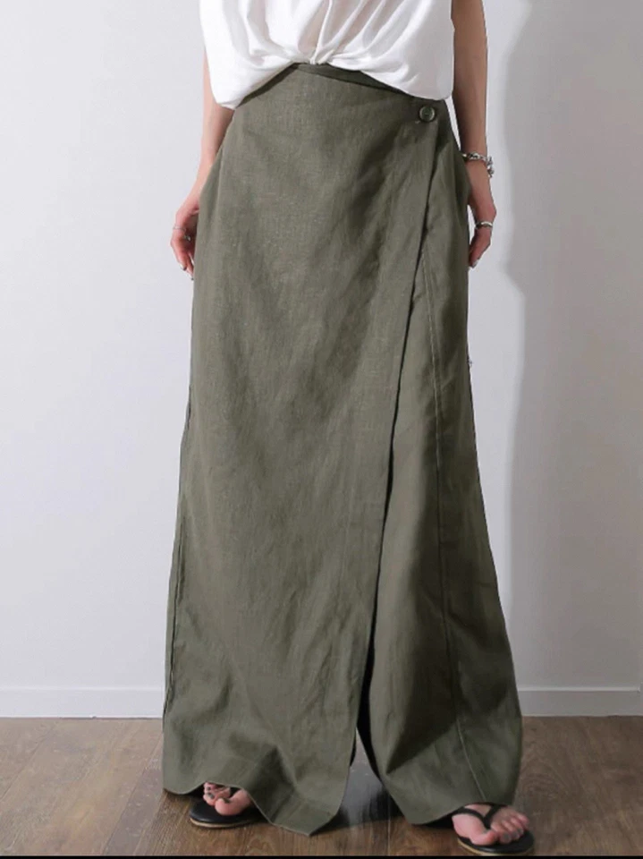 Pantalones envolventes caqui para mujer - Maxi falda estilo tacto de lino, talla M Foto 2 de 4