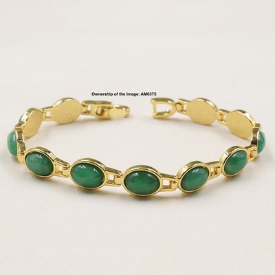 18K Gold Plated Alloy Heated Green Jade Oval Gemstone Bracelet Gift 6.69INCH