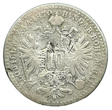 Silver Franz Joseph I / Imperial Crowned Eagle 10 Kreuzer 1870 AUSTRIA (874E)