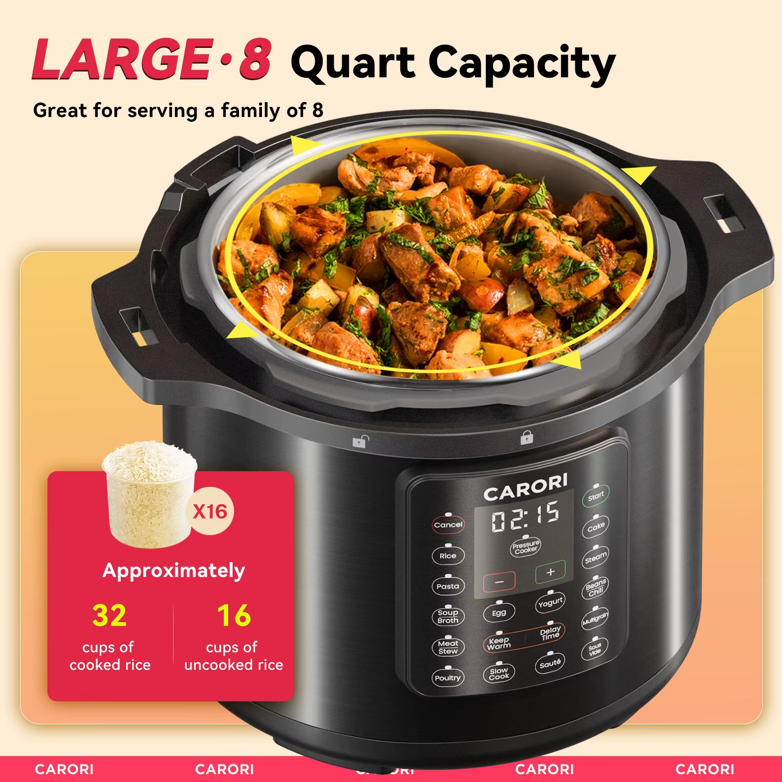 Electric Pressure Cooker 8Qt 12-in-1 1200W Stainless Steel
