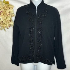 Vintage Chinese Black Beaded Cardigan Jacket Coat Approx Size M Wool & Silk Chic