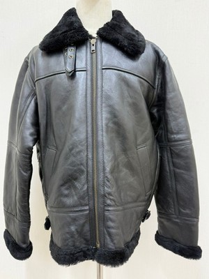 Mens Italian Shearling Leather Bomber Jacket Black Premium Soft Size Asia