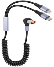 66W Coiled Multi USB C Fast Charging Cable 90 Degree, Right Angle 2 in 1 USB A t