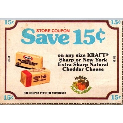 Save 15c Any Size Kraft Sharp Or New York Cheddar Cheese 1980s Coupon SAI1-M3
