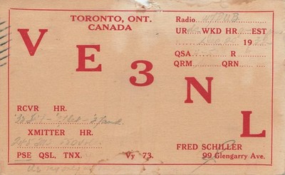 1932 QSL: VE3NL   Fred Schiller   99 Glengarry Ave   Toronto, ON, Canada
