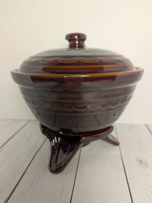 Vtg Marcrest Daisy Dot Brown Oven Proof Stoneware W/Lid And Warming Stand 