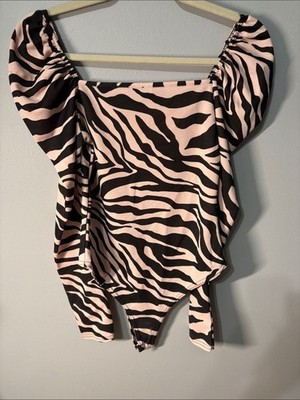 PrettyLittleThing top bodysuit women s sz 4 Pink Black Zebra animal Print sexy