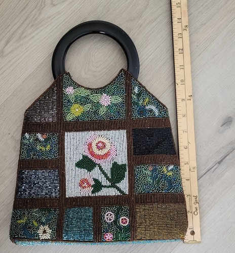 VTG Beaded Purse Floral Block Pattern Plastic Circle Handles Inside Pocket Retro - Picture 19 of 20