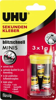 UHU Sekundenkleber blitzschnell Minis 3 g (3 x 1 g), flüssig, in der praktischen