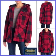 Pendleton Red Black Alta Plaid Wool Blend Hooded Coat Sz SMALL