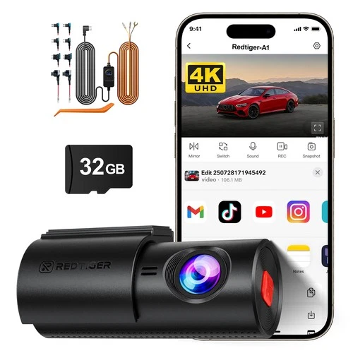 REDTIGER A1 32GB SD 4K Dash Cam with WiFi & APP Control, With 24H Parking Model