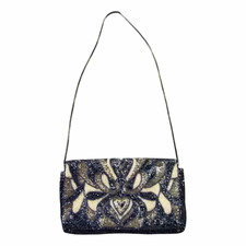 Vintage Beaded Floral Evening Shoulder Bag Clutch Black Silver Chain Strap Lined