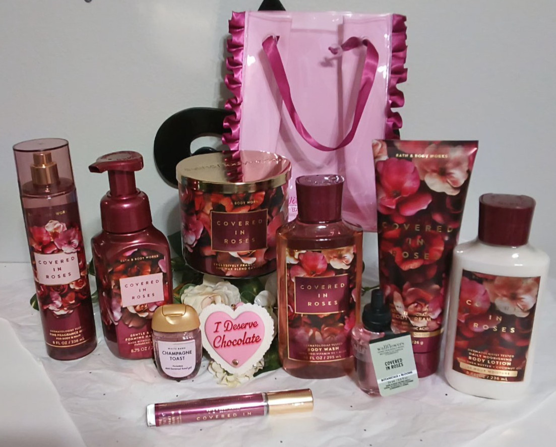 Bath & Body Works Covered In Roses 9pc Set  BBW gift bag with pocketbac holder