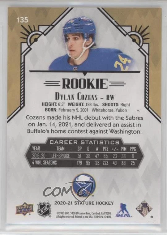 2020-21 Upper Deck Stature Rookies Red /85 Dylan Cozens #135 Rookie RC - Image 2 of 2