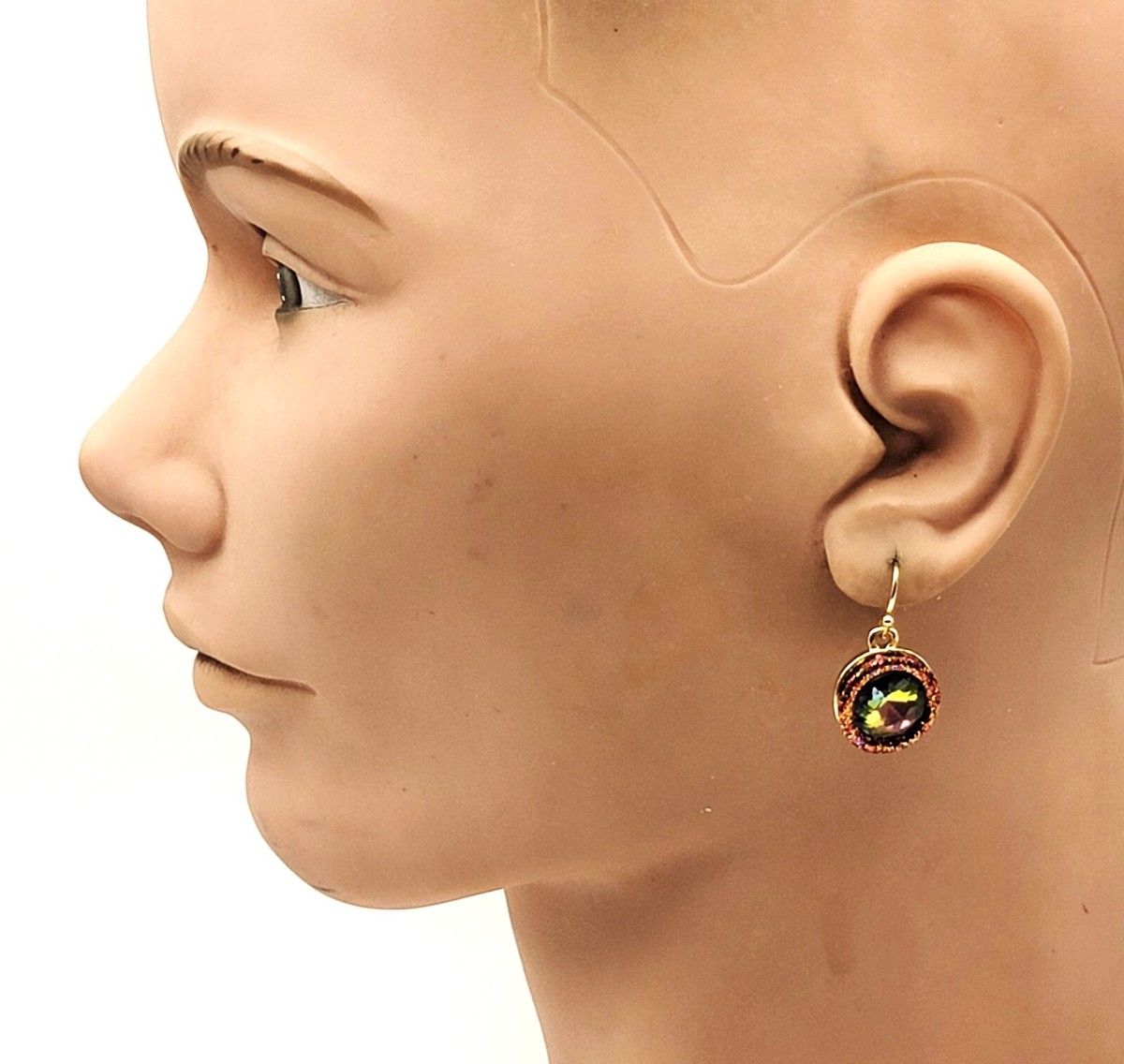 Stamped LC LIZ CLAIBORNE Gold tone Dangle Green AB Round Shape