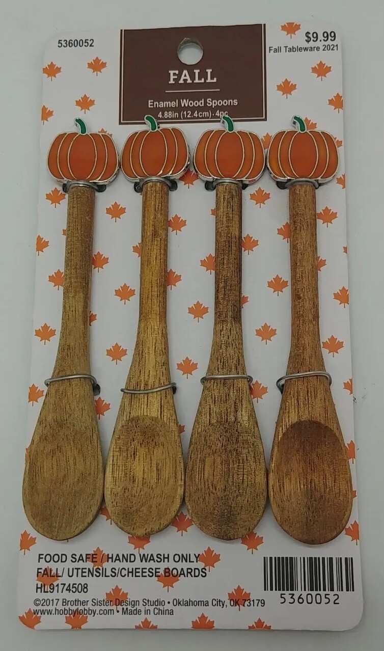 NEW Set of 4 Wood Spoons Hobby Lobby Pumpkin Fall Tableware 5" FOOD