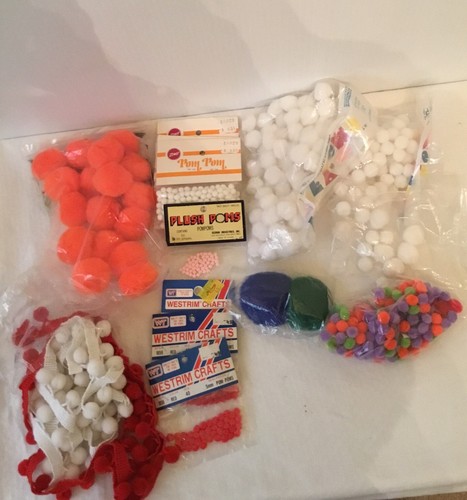 . Pom Poms Various Sizes&Colors Some NIP/36”Wh.&60”Red On Knit Chain/400+