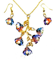 Gold Tone Purple  Pink Flower 18" Necklace  Pierced Earrings - NWOT  3346 