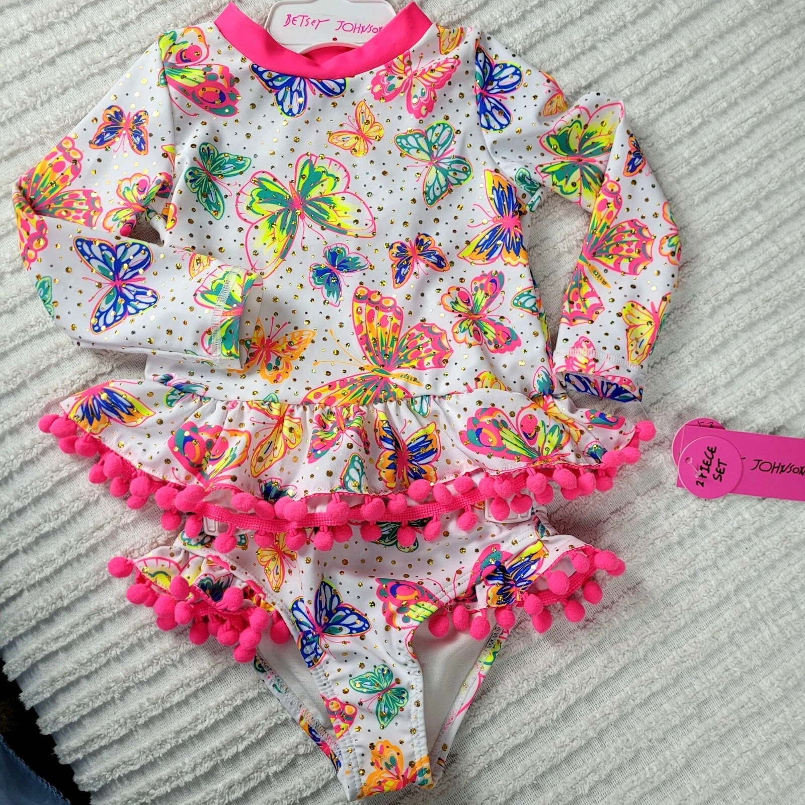 24M Betsey Johnson 50+ UPF Butterfly Girls Child Sleeve Swim 2 piece Set Pool