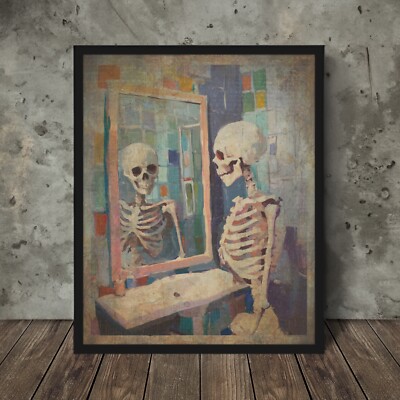 SKELETON MIRROR Retro Wall Art, Biology Bones Bathroom Poster, Human Skull Decor