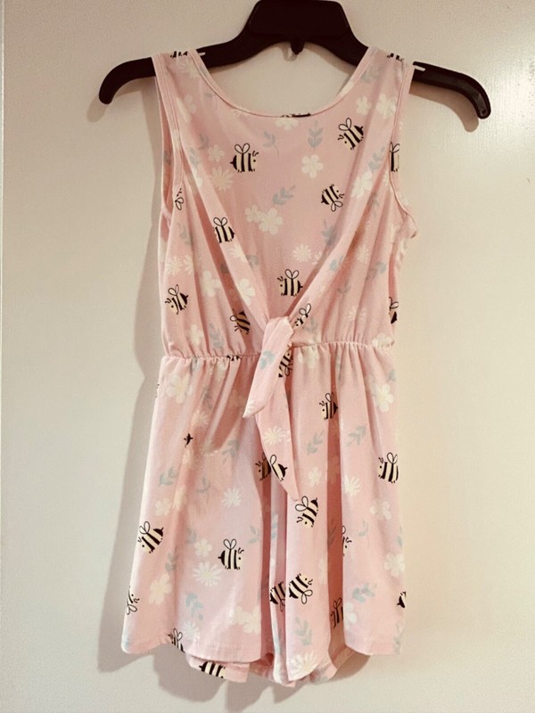 Emma & Elsa Girl's Romper short pink dress Floral Bees size 12 polyester/spandex