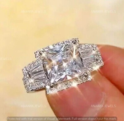 3 Ct Princess Lab-Created Diamond Engagement Wedding Rings 14K White Gold Plated