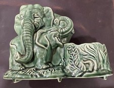 Vintage Green Majolica-style Ceramic Mother Elephant & Child Planter Vase