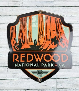 VINTAGE REDWOOD NATIONAL PARK CA 12x11" GASOLINE PUMP STATION PORCELAIN OIL SIGN