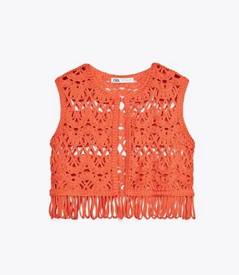 ZARA Orange Macrame Cropped Vest Gilet Waistcoat with Fringing Size L 2142/119 - Image 1 of 4