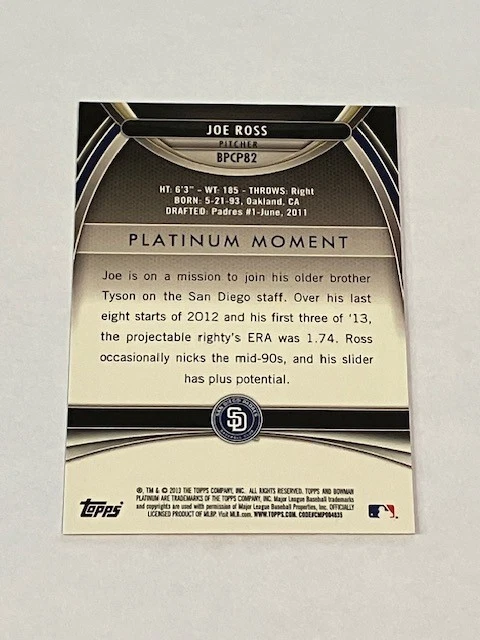 JOE ROSS prospect rc 2013 Bowman Platinum CHROME BLUE REFRACTOR /199 - Image 2 of 2