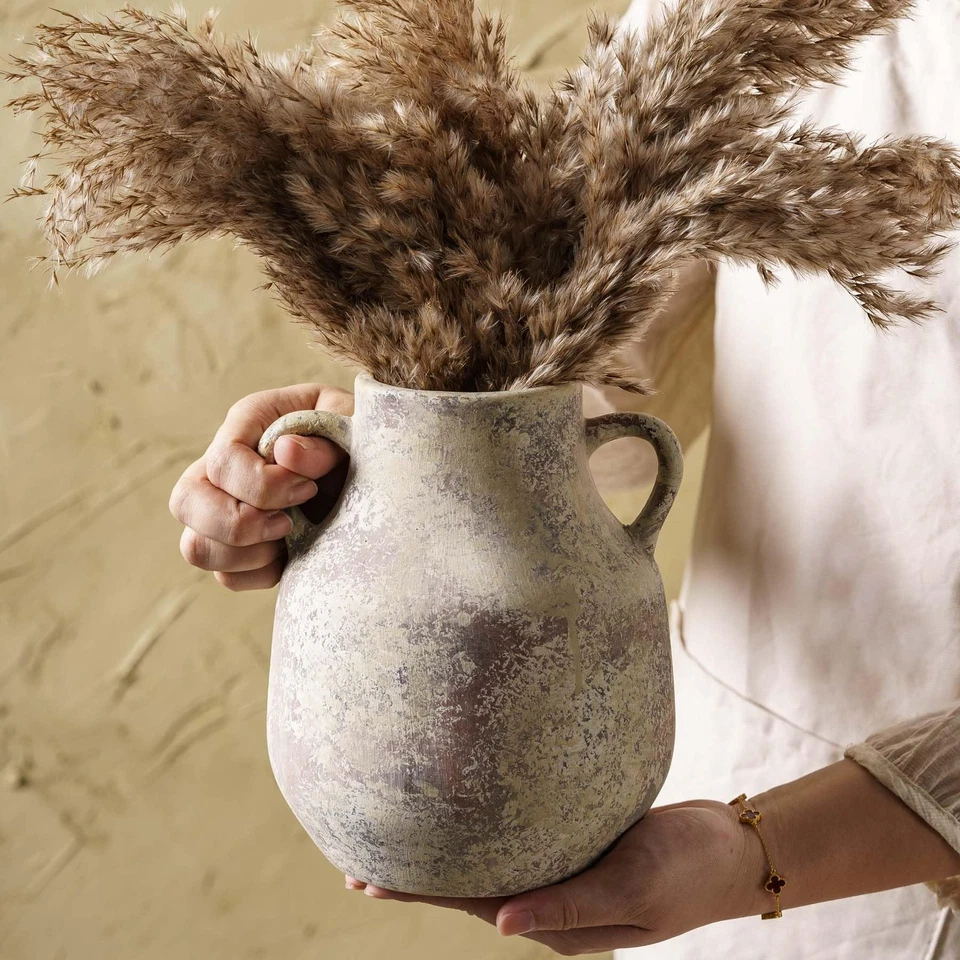 Rustic Ceramic Farmhouse Flower Round Vase with 2 Handles, Vintage Terra Cott... - Image 2 of 4