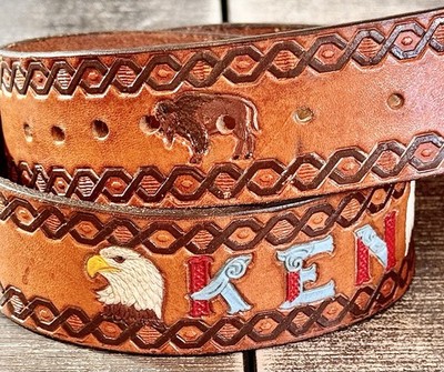 VTG Hand Tooled & Dyed Brown Leather Belt & Buckle sz 38 Native Eagle VTG Leather Belt Hand Tooled Eagle Native American Buffalo  main image 2