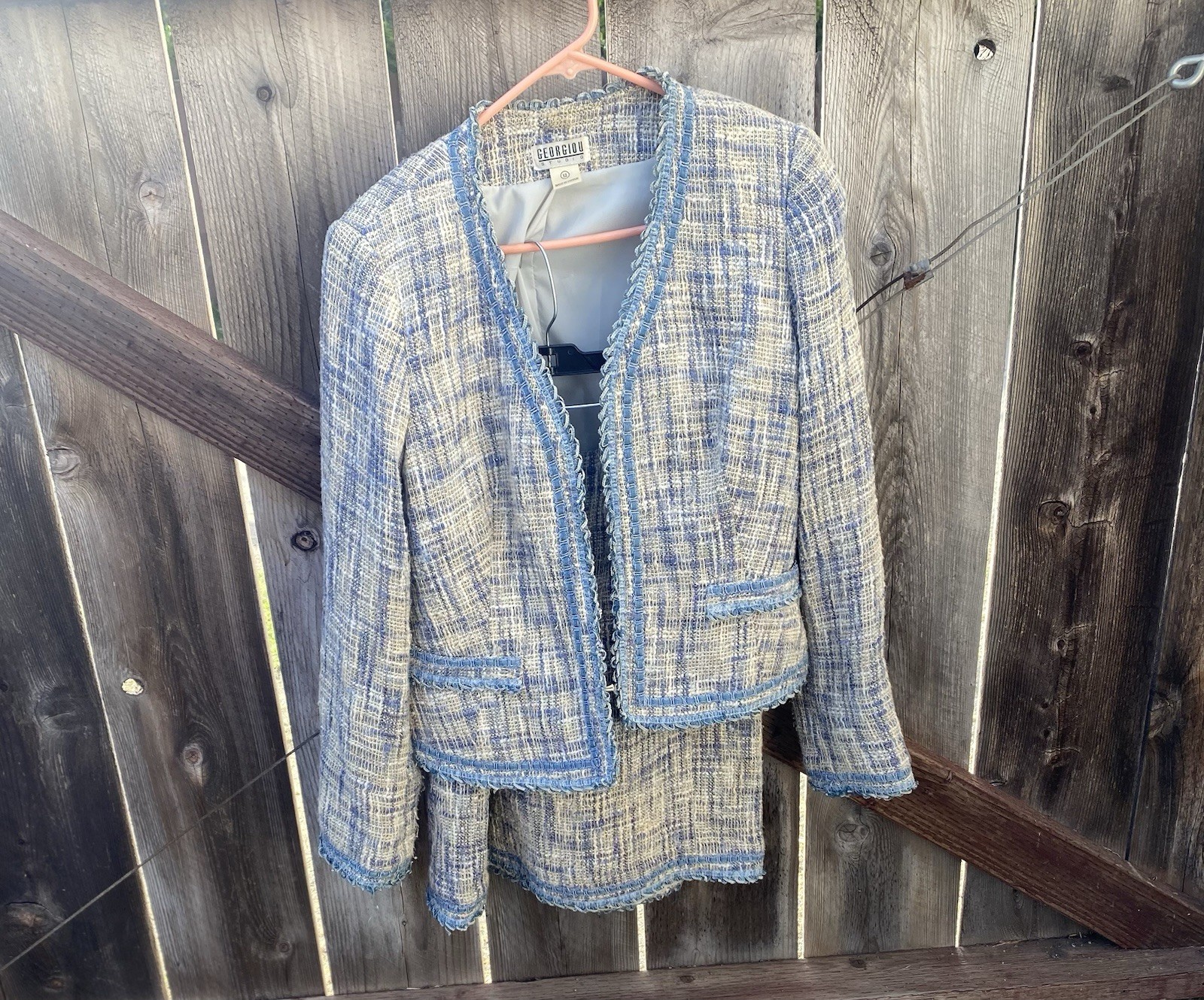 VTG Georgiou Tweed Skirt Suit Set Blue Linen Blend