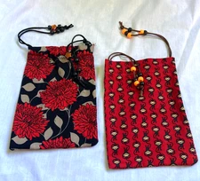 Handmade Red Monkey Fun and Red Lotus Flower Drawstring Gift Bag Set of 2