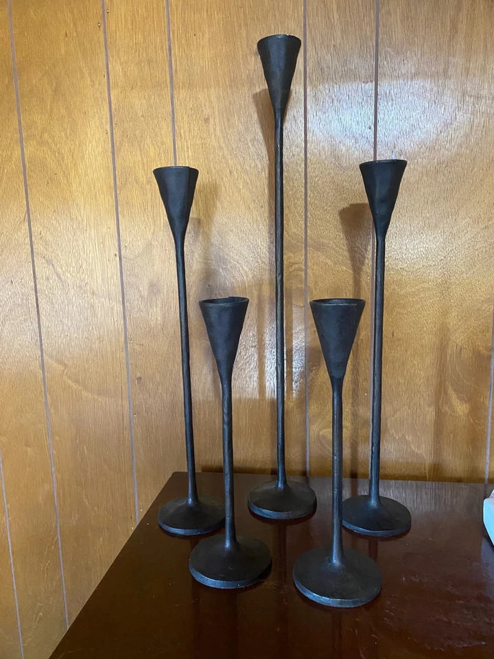 5 Pottery Barn Petaluma Candlestick Holders Brutalist Cast Iron2-12 2- 18 1- 24" - Image 3 of 4