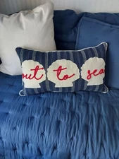 Lumbar Pillow Coastal Decor "Out to Sea" Applique on Cotton Stripe (READ notes)