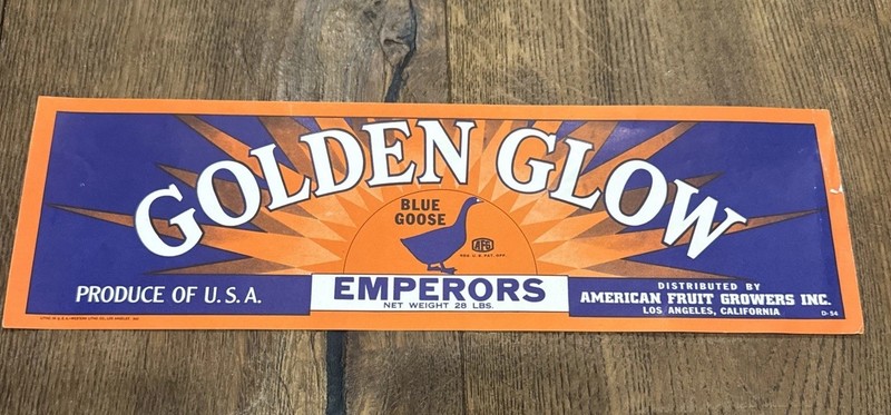 Vintage Original Wood Crate Paper Label Golden Glow Blue Goose Los Angeles, CA