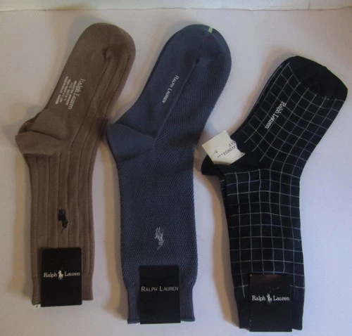 NEW 3 PAIRS RALPH LAUREN POLO MENS CASUAL DRESS SOCKS Khaki Blue Cotton