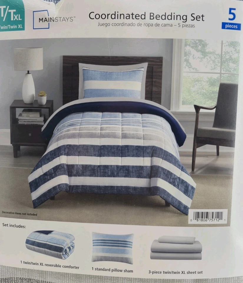 Juego de cama coordinado Mainstays Twin/Twin XL 5 piezas edredón a rayas azules nuevo en paquete Foto 3 de 4
