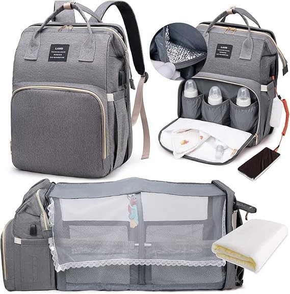 Wickelrucksack Babybett USB Wickeltasche Grau Isolierfächer Rucksack