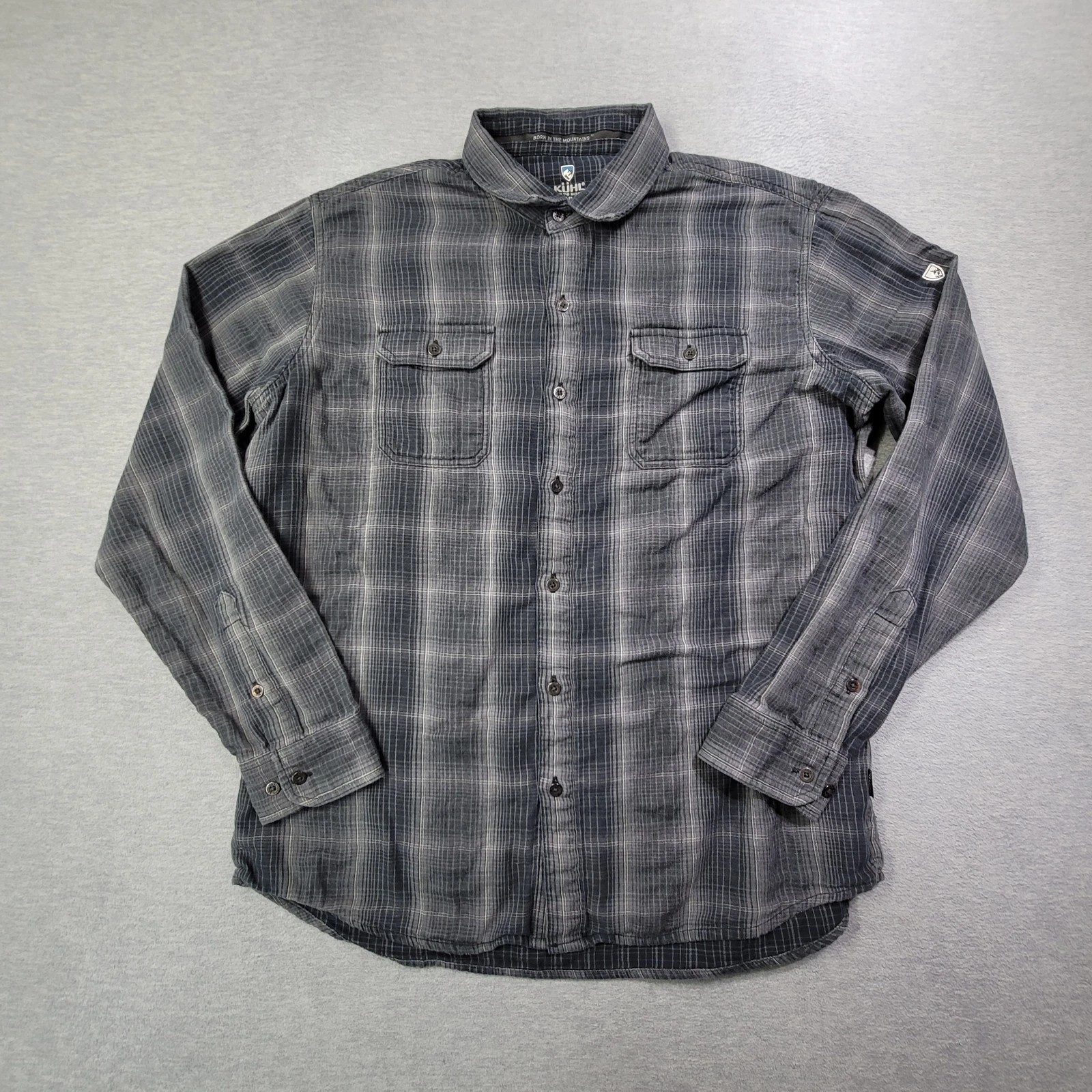 Kuhl Flannel Shirt Mens Large Gray Plaid Button Up Flap Pockets Hking Outdoor