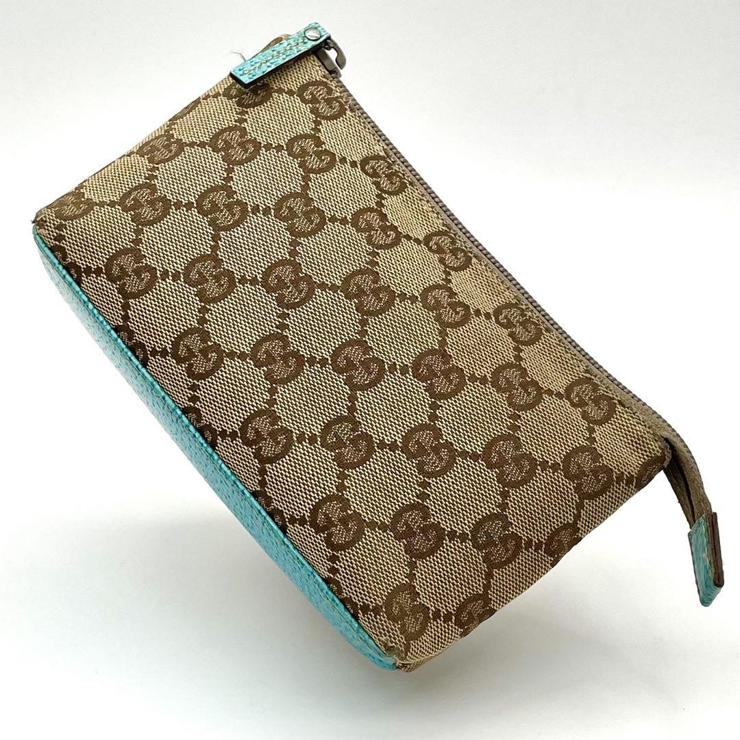 GUCCI GG Canvas Mini Pouch Turquoise Blue Leather Crossbody Bag