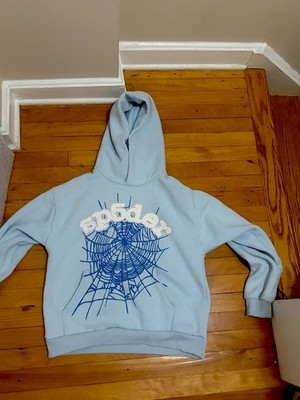 sp5der Men's Blue Pullover Fleece Hoodie Spider Web Graphic Pockets Size S