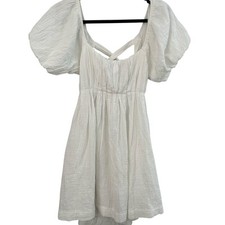 Japna White Puff Sleeve Babydoll Laced Back Mini White Dress NWT Small 