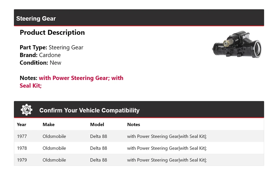 For 1977-1979 Oldsmobile Delta 88 Steering Gear Cardone 1978 - Image 2 of 4