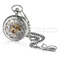Mens Antique Silver Steampunk Hollow Gear Hand-Winding Mechanical Pocket Watches